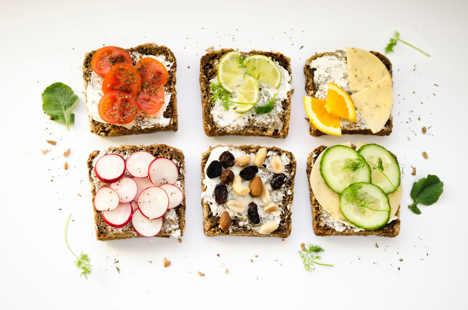 kaizenmind-nutrition3 Image of 6 different sandwiches with various toppings.